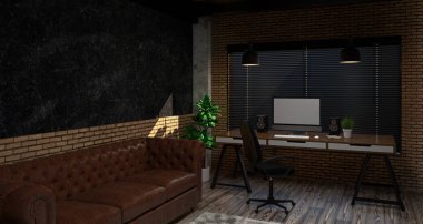 Oturma odası, deri koltuk, ahşap masa, 3d render iç tasarım, loft tarzı ile duvar tuğla 