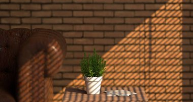 Oturma odası, deri koltuk, ahşap masa, 3d render iç tasarım, loft tarzı ile duvar tuğla 