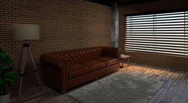 Oturma odası, deri koltuk, ahşap masa, 3d render iç tasarım, loft tarzı ile duvar tuğla 