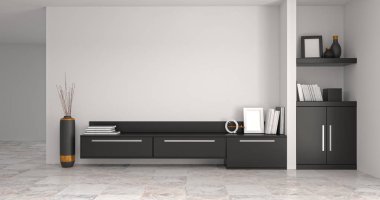 Boş oda iç arka plan ev tasarımları 3d çizimde siyah modern dolap rafları ve duvar boş duvar nesneleri ev dekorasyon önünde kitaplar