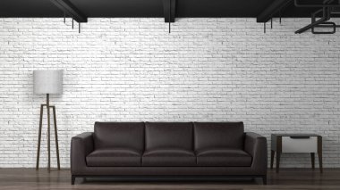 Kahverengi deri kanepe önünde bir beyaz tuğla duvar, 3d resim, mobilya set