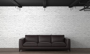 Kahverengi deri kanepe önünde bir beyaz tuğla duvar, 3d resim, mobilya set