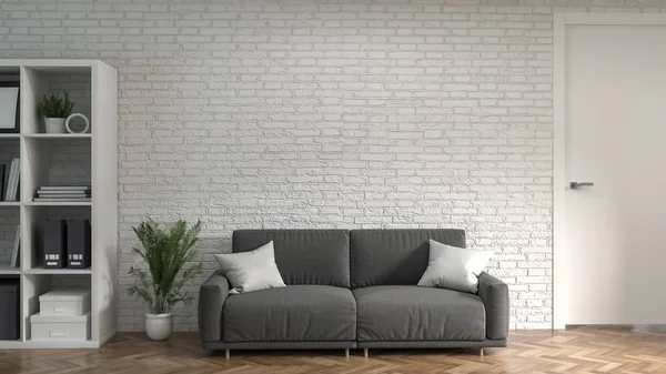 sofa in front of the white brick wall living room lounge model home office interior Meeting rooms have computers and notebooks.Online business 3d rendering Work at home
