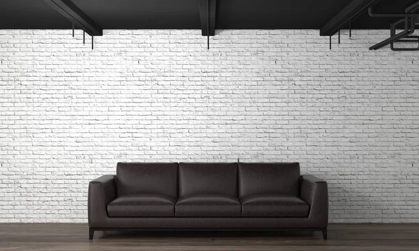 Brown leather sofa in front of a white brick wall ,3d illustration ,furniture set