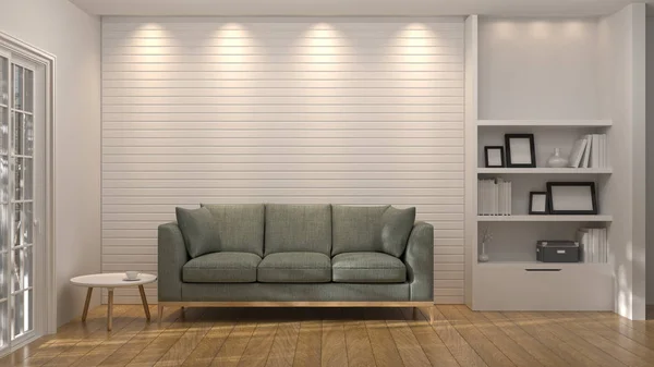 sofa with white bookcase, books, , minimal white room,  3d illustration, interior design living room