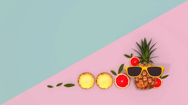 Orange Slices Pineapple Wearing Sunglasses Concept Pink Green Background Copy — Stock Photo, Image