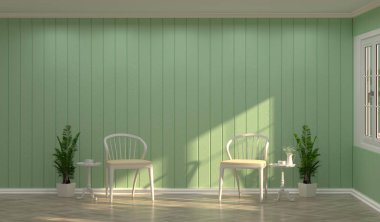  Güneş ışığı Oda 3d render lüks oturma odası vintage tarzı oda iç ev tasarımı ile yeşil duvar önünde beyaz sandalye