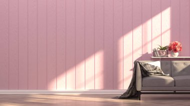 Güneş ışığı ve çiçek, pembe duvar ve ahşap zemin 3d render lüks oturma odası vintage tarzı arka plan oda iç ev tasarım önünde Oda boş gri kanepe