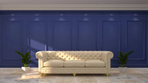 White sofa with cabinet in front of dark blue wall Empty room 3d rendering modern mid century room interior sideboard in vintage empty home living room interior design classic style.