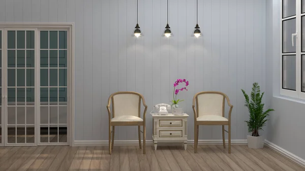 Sillas Blancas Lámpara Sala Estar Diseño Simple Pared Habitación Vacía — Foto de Stock