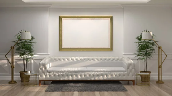 mock up golden frame and white sofa in room,golden lamp,in front of white wall on wooden floor 3d rendering luxury living room vintage style background room interior home design