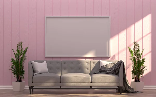 Simulacro Marco Blanco Sofá Gris Habitación Frente Pared Color Rosa — Foto de Stock