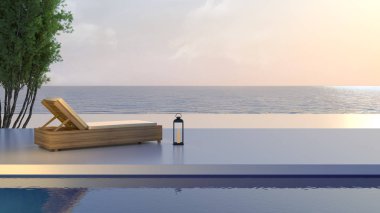 Ahşap yatak yere yaz rahatlatıcı deniz Sunbathing iç resimde arka plan üzerinde lüks evi, Yüzme Havuzu, plaj ve panoramik deniz görünümü 3d render güneş şezlong görüntülemek