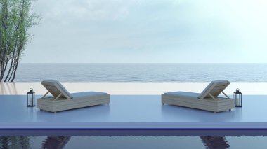 Katta, ahşap yataklar yaz deniz manzaralı lüks house, Yüzme Havuzu, plaj ve panoramik deniz görünümü 3d render güneş şezlong Sunbathing iç resimde arka plan üzerinde rahatlatıcı