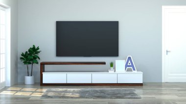 TV ahşap modern boş oda iç arka plan, 3d çizim, ev tasarım dolap