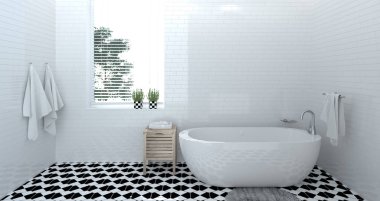 iç banyo, modern ev tasarımı 3d illüstrasyon kopya alan arka plan, beyaz fayans banyo için