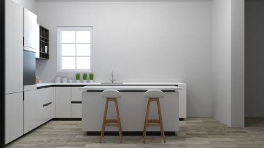 mutfak iç, yemek beyaz masa, sandalye, modern Restoran, 3d çizim, beyaz oda, kopya alan arka plan - illüstrasyon için ev tasarımı