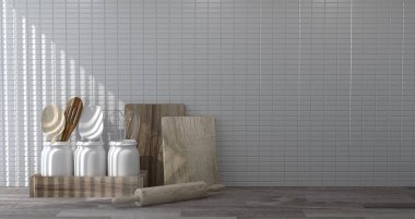 mutfak ahşap mutfak eşyaları, beyaz duvarın önünde, 3d render ev, yemek Şef aksesuarları modern restoran arka plan kopya alanı - illüstrasyon için