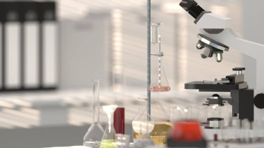 laboratuvar ekipmanları laboratuvarları laboratuvar cam laboratuvar mikroskopla, 3d render Kalkınma Araştırma Laboratuarı arka plan