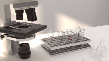 Laboratuvar kalkınma araştırma mikroskobu. Temiz modern beyaz laboratuar cam ile. Bir poster labaratuar donanımları insanlar bilim, olmadan için yatay şablon laboratuvar araştırma ve geliştirme arka plan