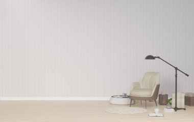 Oturma odasında gri koltuk 3D Rendering, temiz duvarlar rahat tarzı önünde bitki ve lamba ile basit iç dekorasyon.