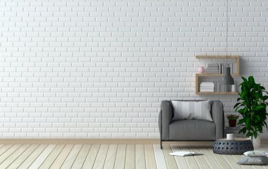 Oturma odasında gri koltuk 3D Rendering, temiz duvarlar rahat tarzı önünde bitki ve lamba ile basit iç dekorasyon.
