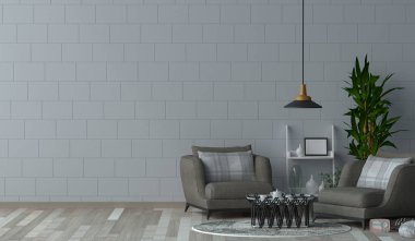 Oturma odasında gri koltuk 3D Rendering, temiz duvarlar rahat tarzı önünde bitki ve lamba ile basit iç dekorasyon.