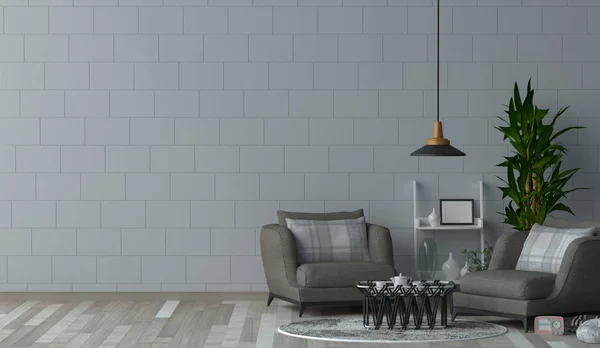 Gray armchair in the living room 3D Rendering, Simple interior decoration with plant and lamp in front of clean walls cozy style.