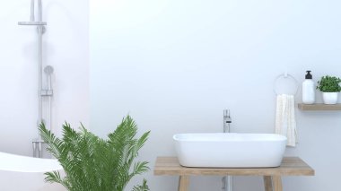 modern beyaz banyo iç tasarım, lavabo, tuvalet, duş, ev 3d render kopya alanı arka plan beyaz kiremit banyo için