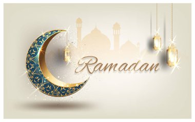 Grafik tasarım için altın süslü hilal lüks tebrik kartı İslami kutlama vektörü ile Ramazan kareem