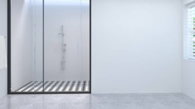 Temiz boş banyo iç, tuvalet, duş, modern ev tasarımı arka plan beyaz kiremit banyo 3d render