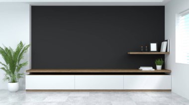 Beyaz modern temiz dolap boş oda içi arka plan 3D ev tasarımları, raflar ve kitaplar duvarın önünde boş duvarın önünde.