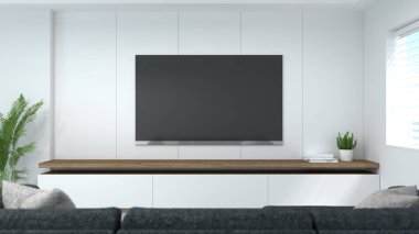 Beyaz modern temiz dolap boş oda içi arka plan 3D ev tasarımları, raflar ve kitaplar duvarın önünde boş duvarın önünde.