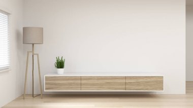 boş oda iç arka plan 3d render ev tasarımları modern Tv beyaz ahşap dolap raf, arka plan rafları ve boş temiz duvar modern ev tasarımı önünde masaüzerinde kitaplar