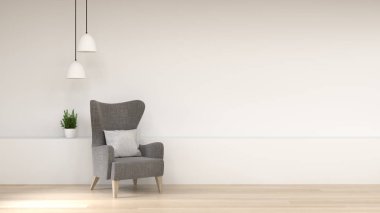 Dekoratif öğeler boş oda ile basit temiz beyaz duvar önünde koltuk ile temiz oda, açık kapı, 3d render lüks oturma odası modern orta yüzyıl oda iç ev tasarımı