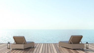 Yaz tatili seyahat tatil, lüks konaklama, Sandalyeler denize yakın ahşap zeminler üzerinde 3d render tasarım arka plan