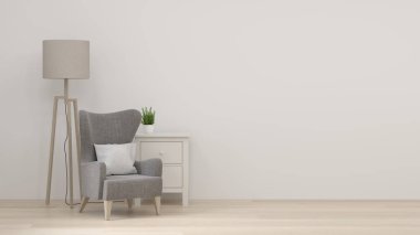 Temiz kanepe ve dolap, boş oda iç arka plan lamba 3d render ev tasarımları, arka plan rafları ve kitap duvar önünde masanın boş duvar