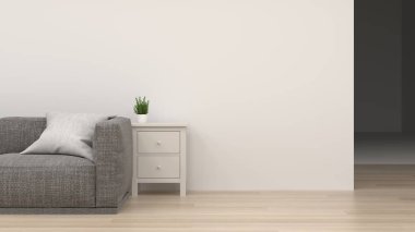 Temiz kanepe ve dolap, boş oda iç arka plan lamba 3d render ev tasarımları, arka plan rafları ve kitap duvar önünde masanın boş duvar