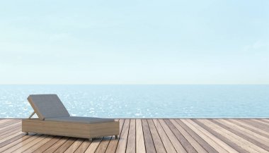 Wooden bed on the floor summer relaxing sea view at luxury house swimming pool,beach and panoramic sea view sun loungers on Sunbathing interior Illustration background 3d rendering clipart