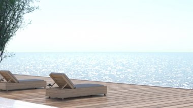 Lüks yüzme havuzunda deniz manzarası, plaj ve panoramik deniz manzarası güneşlenme odalarında güneşlenme iç tasarım arka planı 3D