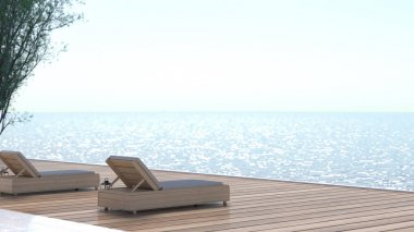 Wooden bed on the floor summer relaxing sea view at luxury house swimming pool,beach and panoramic sea view sun loungers on Sunbathing interior Illustration background 3d rendering clipart