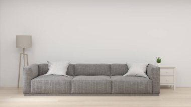 Dekoratif öğeler ile basit beyaz duvar önünde Kanepe boş oda, açık kapı, 3d render lüks oturma odası modern orta yüzyıl oda iç ev tasarımı yatay görüntü için kopya alan metin