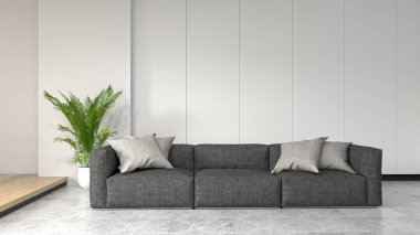 Dekoratif öğeler ile basit beyaz duvar önünde Kanepe boş oda, açık kapı, 3d render lüks oturma odası modern orta yüzyıl oda iç ev tasarımı yatay görüntü için kopya alan metin