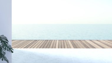 Yaz tatili, lüks konaklama, Denize yakın ahşap zeminler üzerinde Sandalyeler 3d render seyahat tatil arka plan