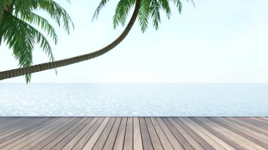 Yaz tatili, lüks konaklama, Denize yakın ahşap zeminler üzerinde Sandalyeler 3d render seyahat tatil arka plan