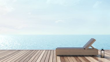 Güneşlenme yaz tatili şezlonglar, lüks konaklama, Denize yakın ahşap zeminler üzerinde Sandalyeler 3d render seyahat tatil tasarım arka plan