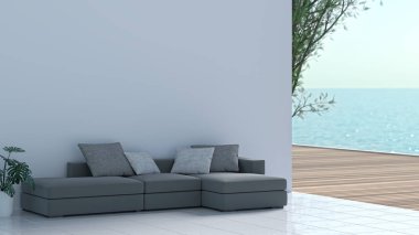 Yaz tatili, lüks konaklama, Denize yakın ahşap zeminler üzerinde Sandalyeler 3d render seyahat tatil arka plan