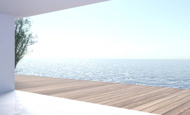 Yaz tatili, lüks konaklama, Denize yakın ahşap zeminler üzerinde Sandalyeler 3d render seyahat tatil arka plan