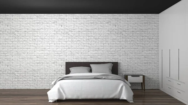 White bedroom, bed, closet, empty  interior background  3d illustration home designs White brick wall loft style