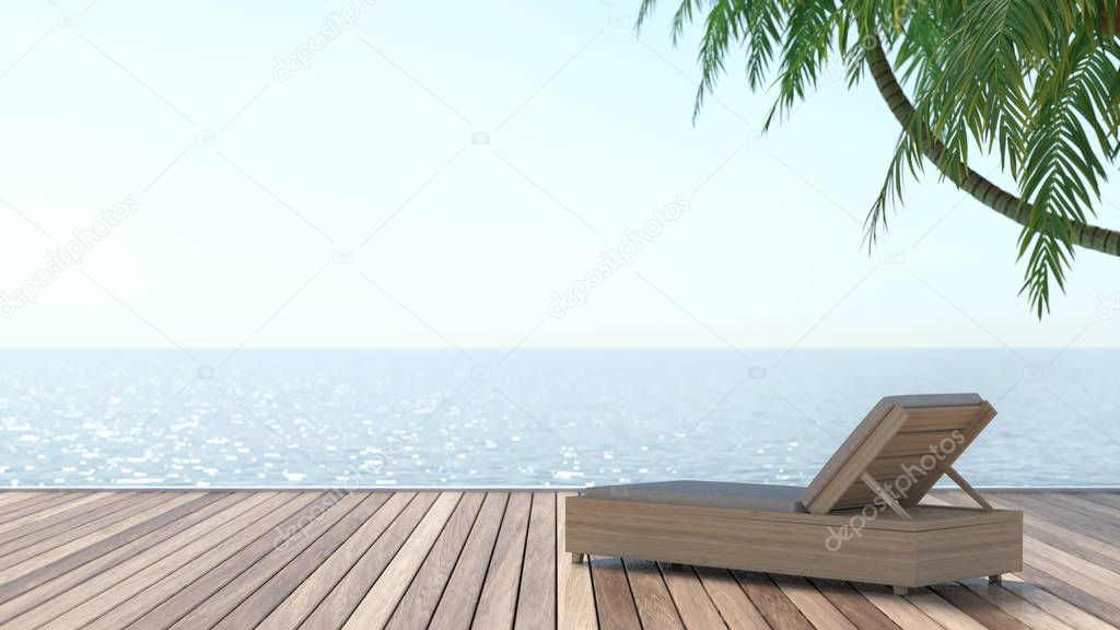 Summer vacation, luxury accommodation, Chairs on wooden floors near the sea 3d rendering travel holiday background